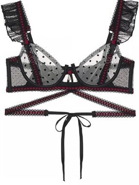 For Love and Lemons Sheer Polka Dot Lace Bra with Red Accent Straps